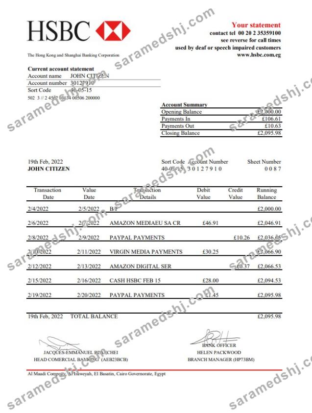 Egypt HSBC bank statement